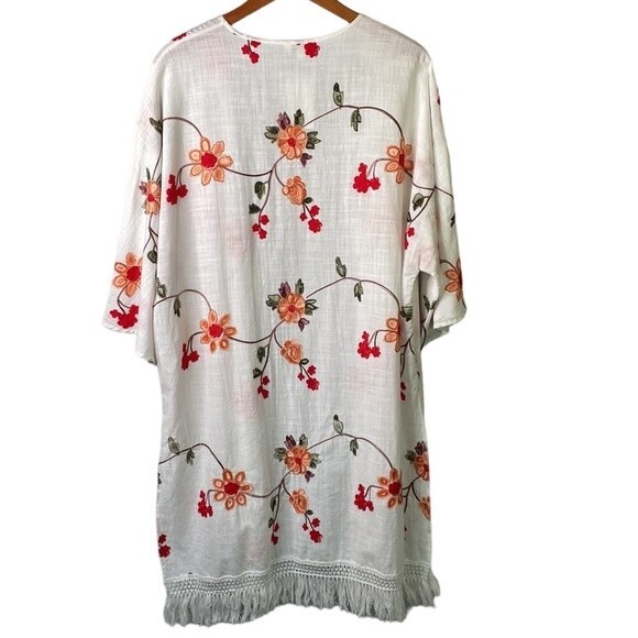 Umgee Floral Embroidered Long Duster Kimono Crochet Fringe Cover Up Colorful - Picture 8 of 15